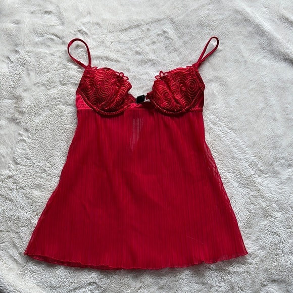 La Senza Y2K Red Sheer Babydoll Lingerie Pleated Mesh & Lace Bust Detail Small - Picture 1 of 6